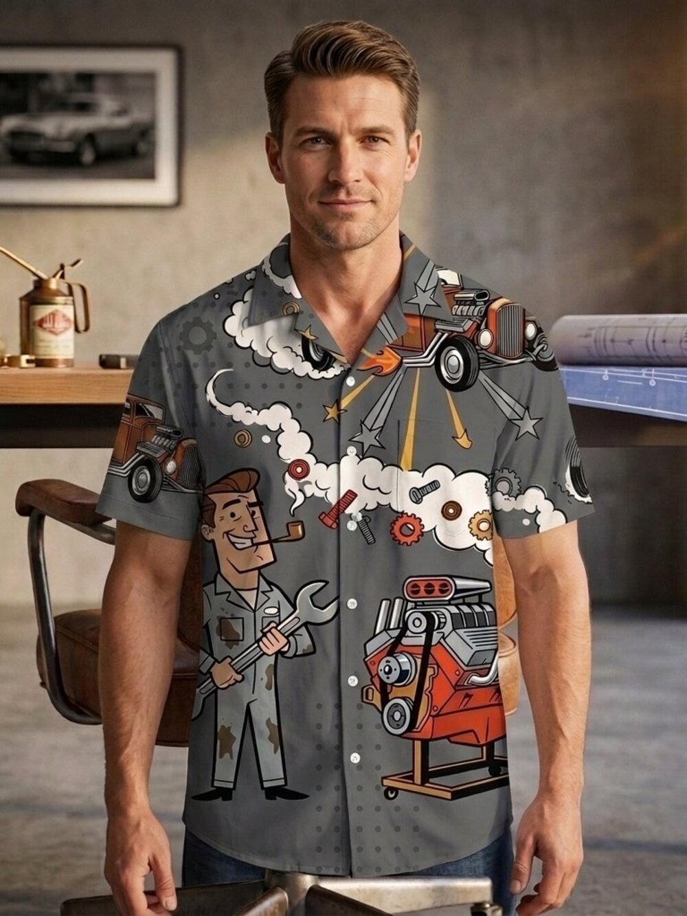 Retro Garage Mechanic Shirt • Vintage Hot‑Rod Button‑Up • Men’s Casual Workshop